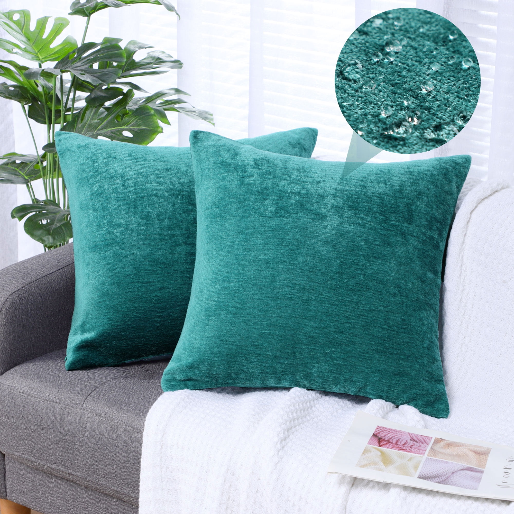 REGALWOVEN Set of 2 Chenille Throw Pillow Covers, Soft Decorative Cushion Covers Peacock Blue 18x18 Inch