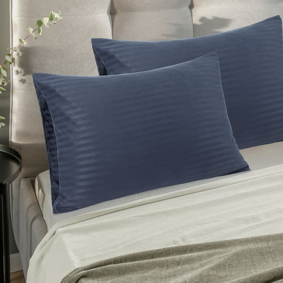 REGALWOVEN Microfiber Pillowcases Set of 2, Striped Pillow Case Breathable & Soft Farmhouse Bed Pillow Covers Navy Blue Queen