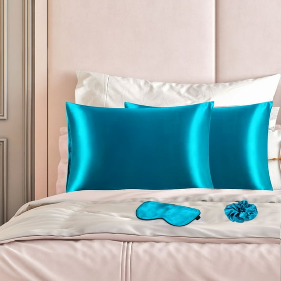 REGALWOVEN Satin Pillowcase for Hair and Skin, Durable Set of 2 Envelope Closure Pillow Cases Peacock Blue Queen