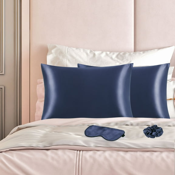 REGALWOVEN Satin Pillowcase for Hair and Skin, Durable Set of 2 Envelope Closure Pillow Cases Navy Blue Standard