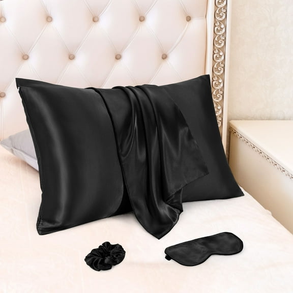 REGALWOVEN Satin Pillowcase for Hair and Skin, Set of 2 Zipper Closure Pillow Cases Black Standard
