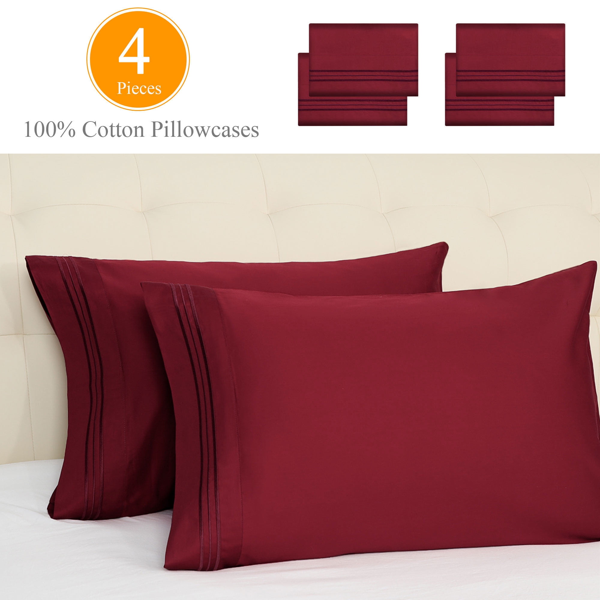 PiccoCasa Set of 4 Cotton Pillowcases for Bedroom Burgundy Cal King(20