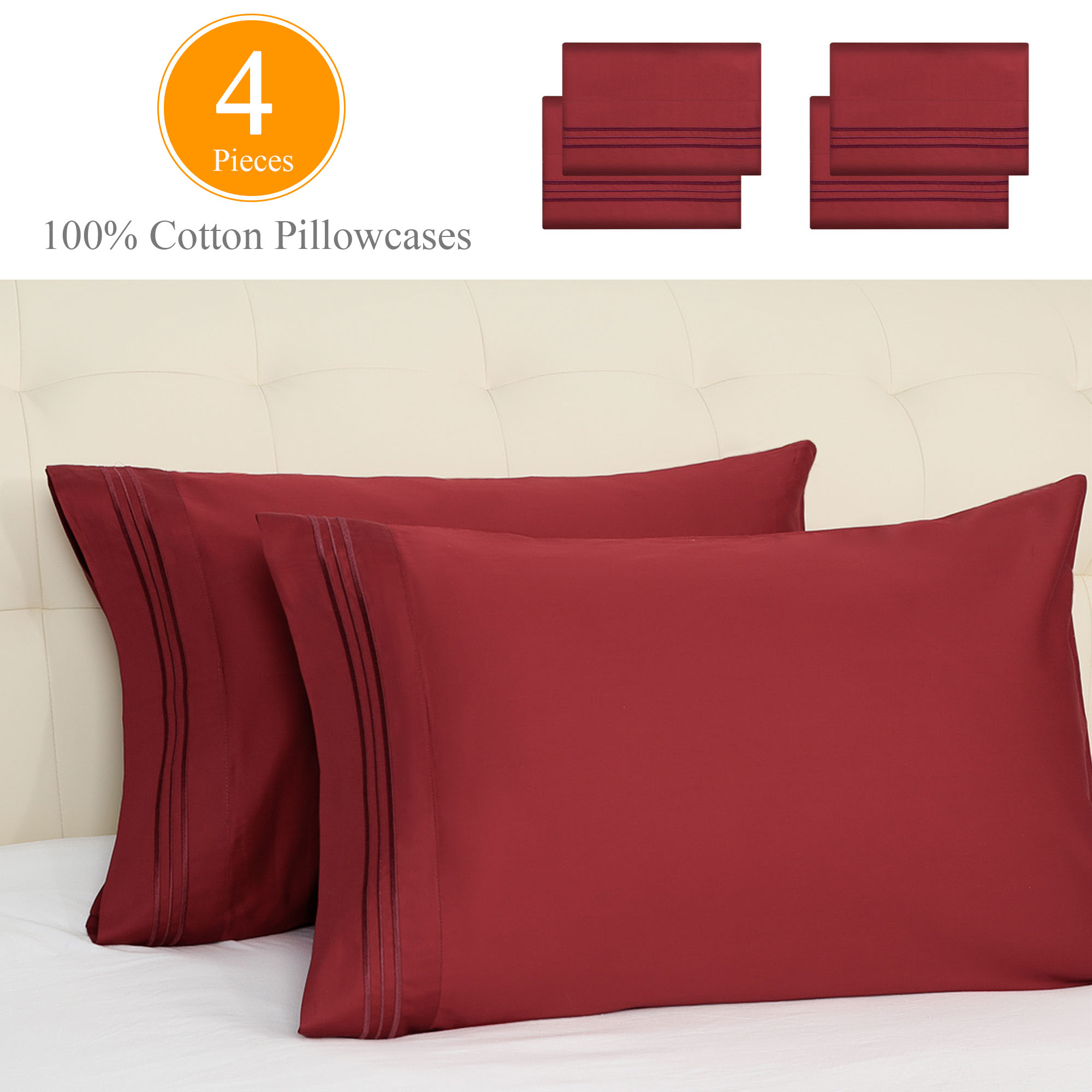 PiccoCasa Set of 4 Cotton Pillowcases for Bedroom Burgundy Queen(20"x30