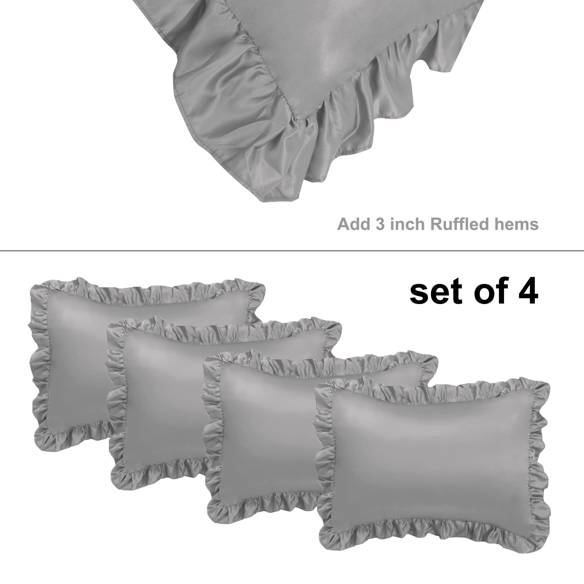 PiccoCasa Set of 4 Satin Ruffled Pillow Shams Grey Standard(20"x26
