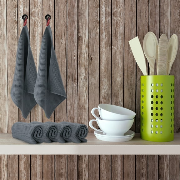 PiccoCasa Set of 6 Cotton Waffle Weave Kitchen Towels Set 12.6"x 12.6" Dark Gray