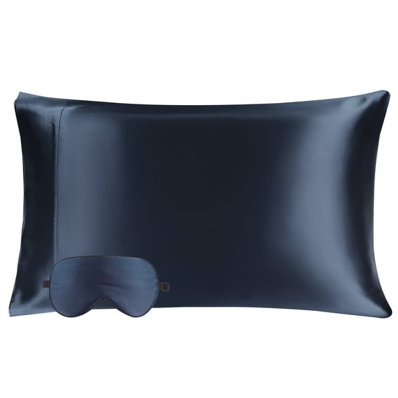 PiccoCasa Silk Pillowcase with Eye Mask for Hair Skin Navy Blue Queen(20"x30")