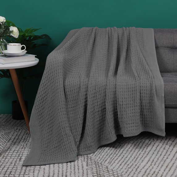 PiccoCasa Soft 100% Cotton Waffle Knit Throw Blanket for Sofa Couch, 47" x 70", Dark Gray