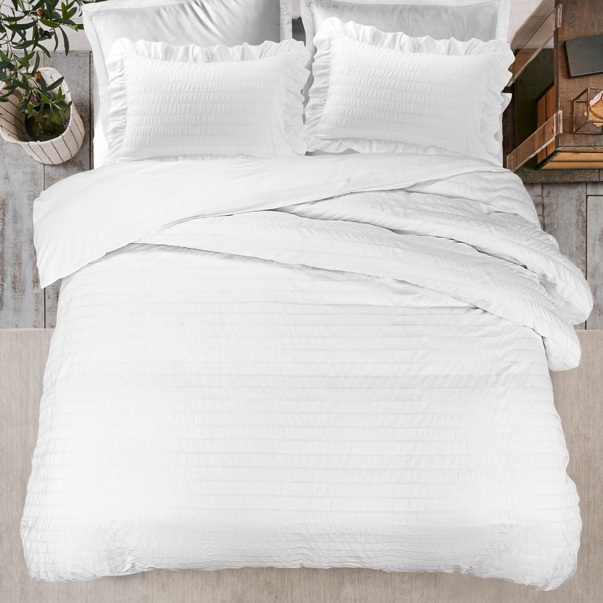 PiccoCasa Soft Microfiber 3 Pieces King Seersucker Adult Duvet Cover Set White