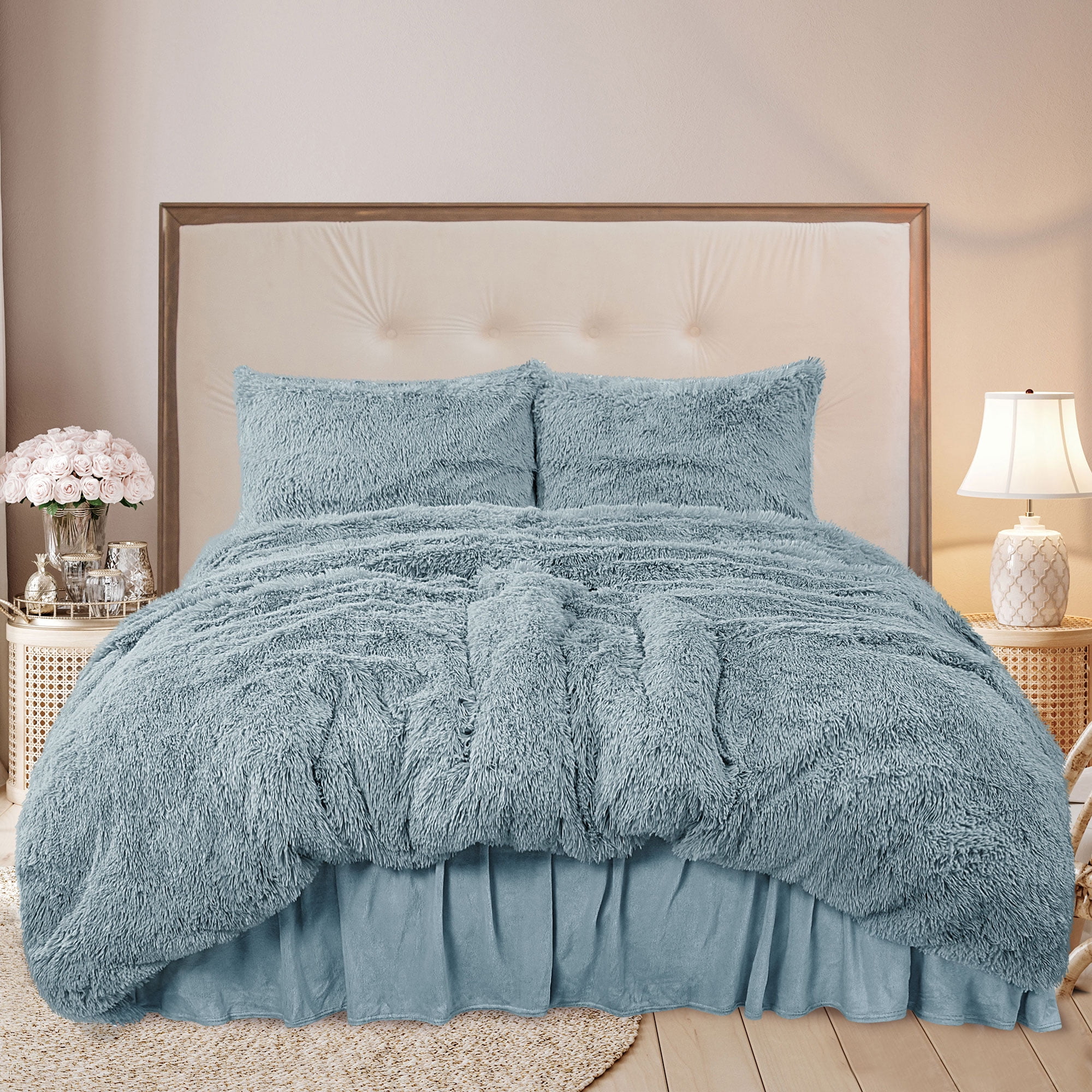 PiccoCasa Soft Plush Shaggy Duvet Cover Set with Velvet Bedskirt 4