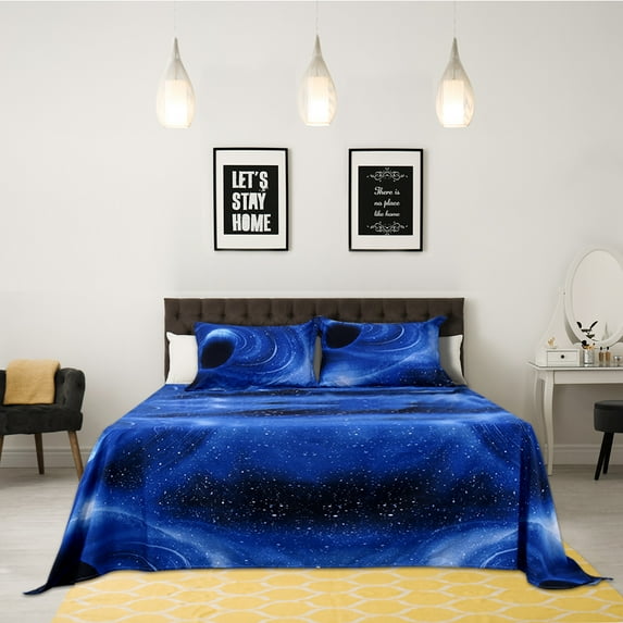 PiccoCasa Soft Polyester 4-Piece Galaxy Bed Sheets Bedding Set Full Blue