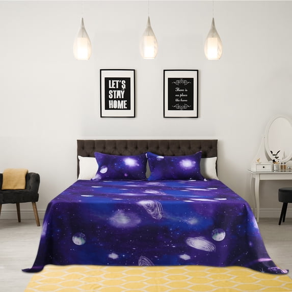PiccoCasa Soft Polyester 4-Piece Galaxy Bed Sheets Bedding Set Queen Purple