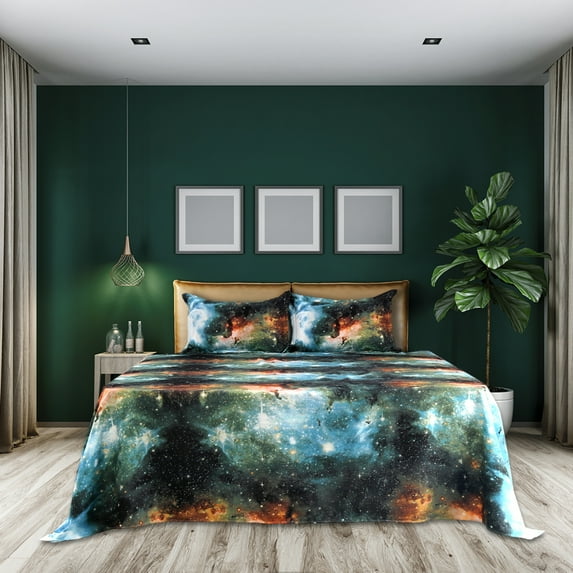 PiccoCasa Soft Polyester Galaxy Bed Sheet Set, 4-Pieces Full Green