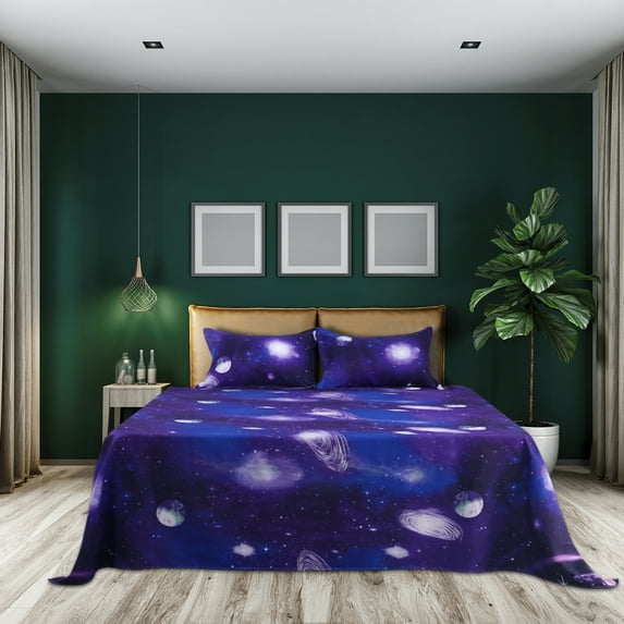 PiccoCasa Soft Polyester Galaxy Bed Sheet Set, 4-Pieces Full Purple