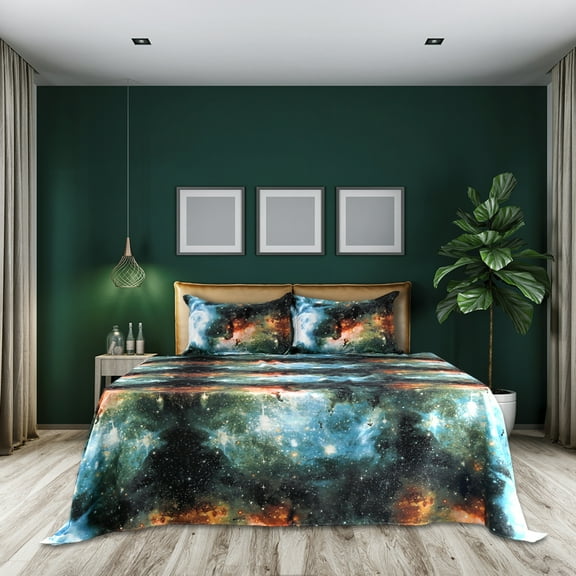 PiccoCasa Soft Polyester Galaxy Bed Sheet Set, 4-Pieces Queen Green