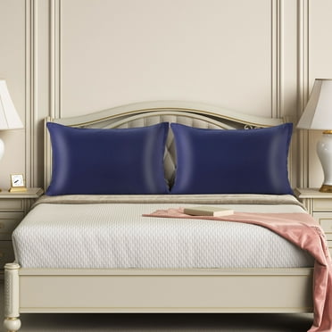 PiccoCasa Soft Silky Satin Pillowcases Zipper 2 Pack, Queen Navy