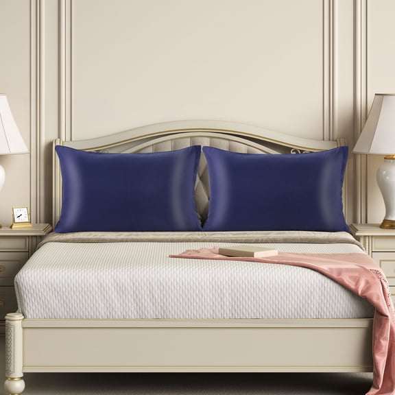 PiccoCasa Soft Silky Satin Pillowcases Zipper 2 Pack, Queen Navy