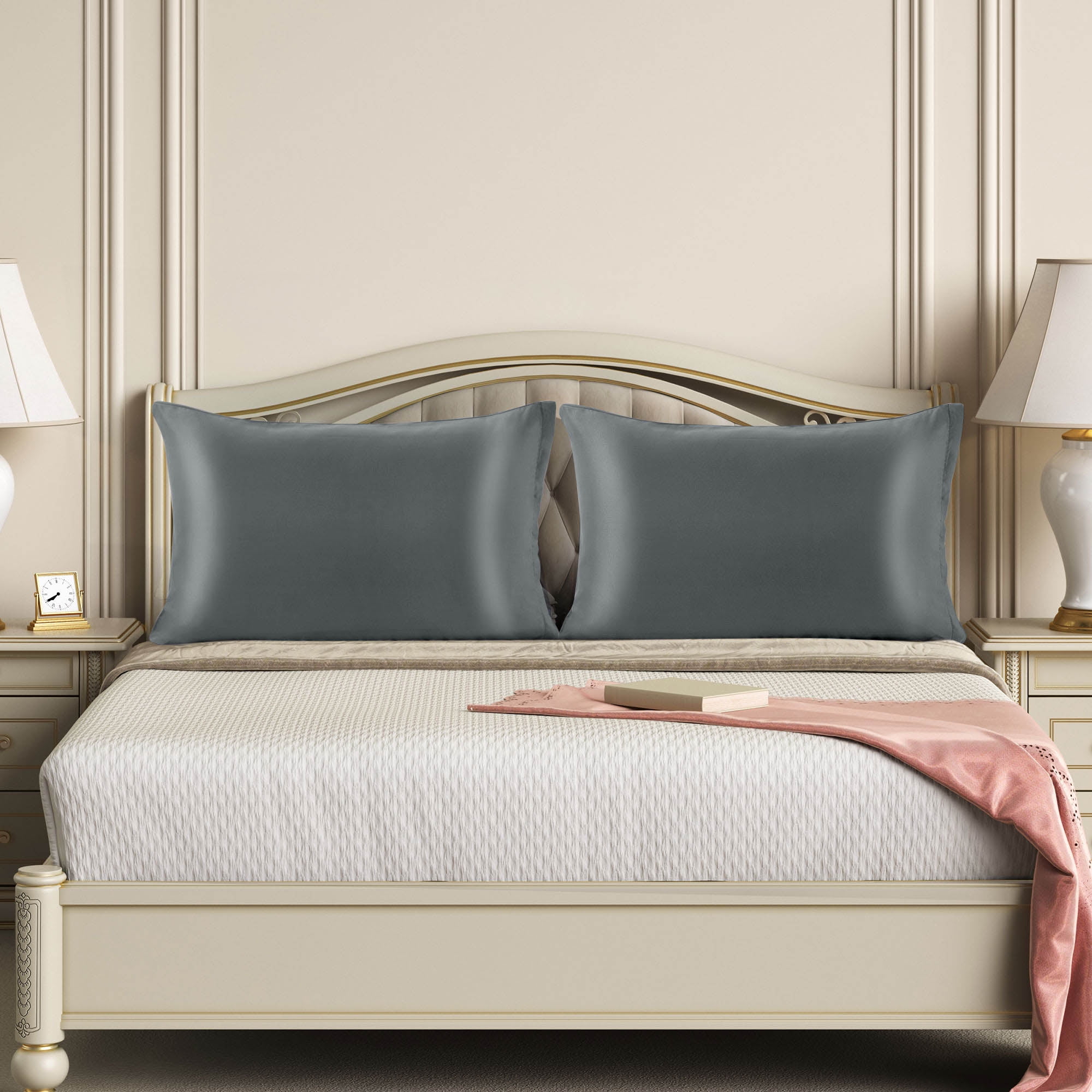 PiccoCasa Soft Silky Satin Pillowcases Zipper Set of 2, Grey Queen(21