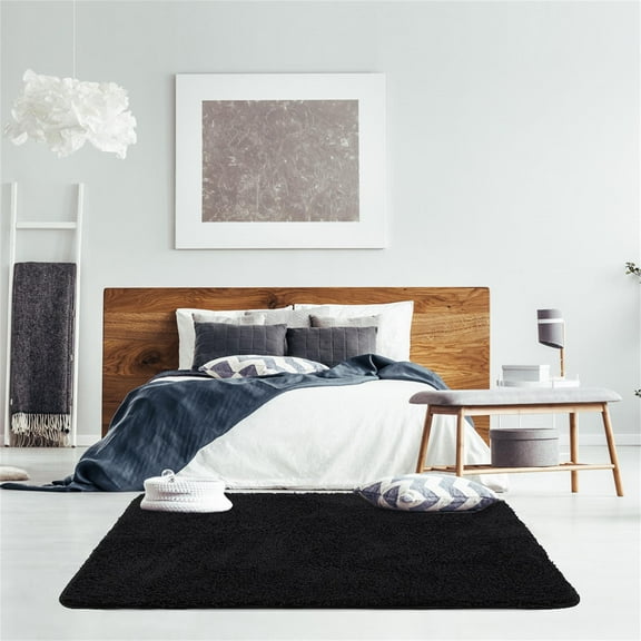 PiccoCasa Solid Shag Area Rug or Runner Soft and Plush Rug for Home, Black 48" x 62"