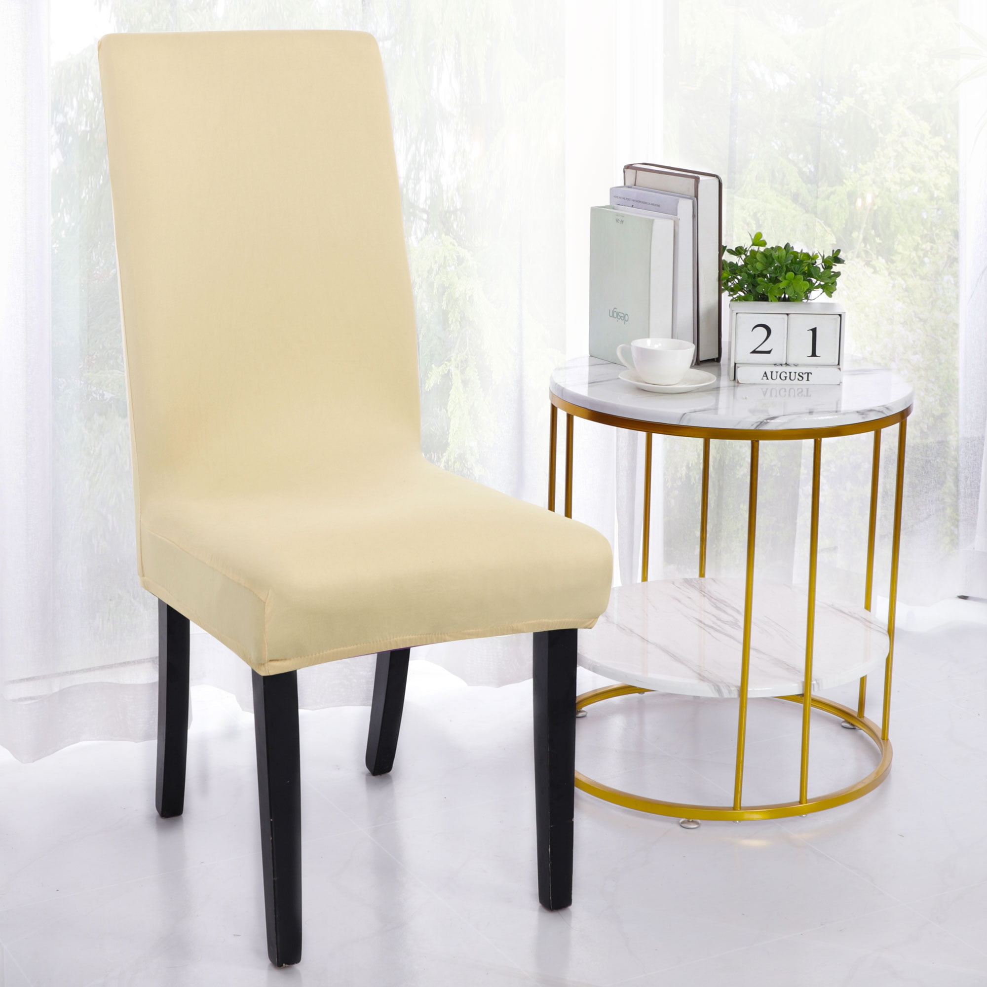 PiccoCasa Spandex Stretch Dining Room Chair Cover Solid Chair Protector, Medium Beige