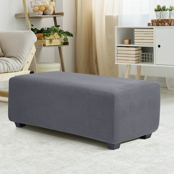 PiccoCasa Stretch Ottoman Slipcover Jacquard Rectangle Footstool Cover Covers Dark Gray Large