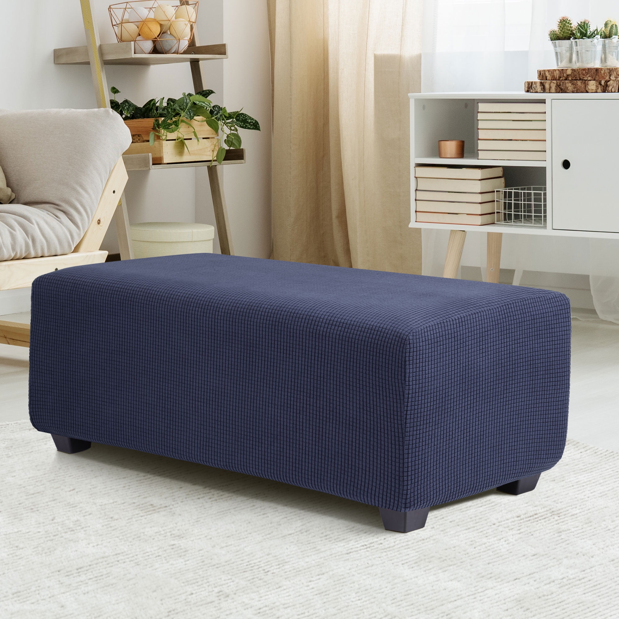 Navy Blue Stretch Microfiber Ottoman Slipcover with Elastic Closure