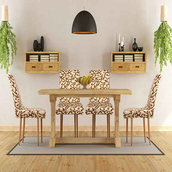 PiccoCasa Stretch Spandex Dining Chair Slipcovers Floral Seat Cover Set of 4, Champagne and Coffee Color