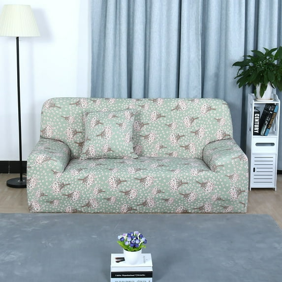 PiccoCasa Stretch Spandex Sofa Cover 2 Seat Floral Couch Slipcover Light Green