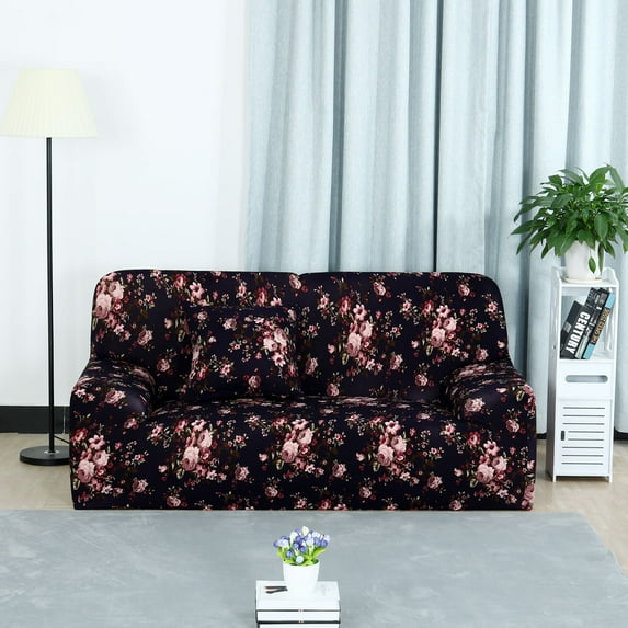 PiccoCasa Stretch Spandex Sofa Cover 4 Seat Floral Couch Slipcover Black Rose