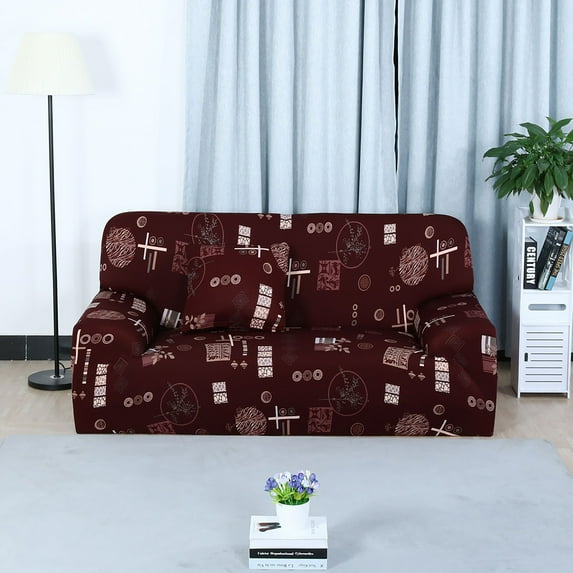 PiccoCasa Stretch Spandex Sofa Cover 4 Seat Floral Couch Slipcover Wine Red
