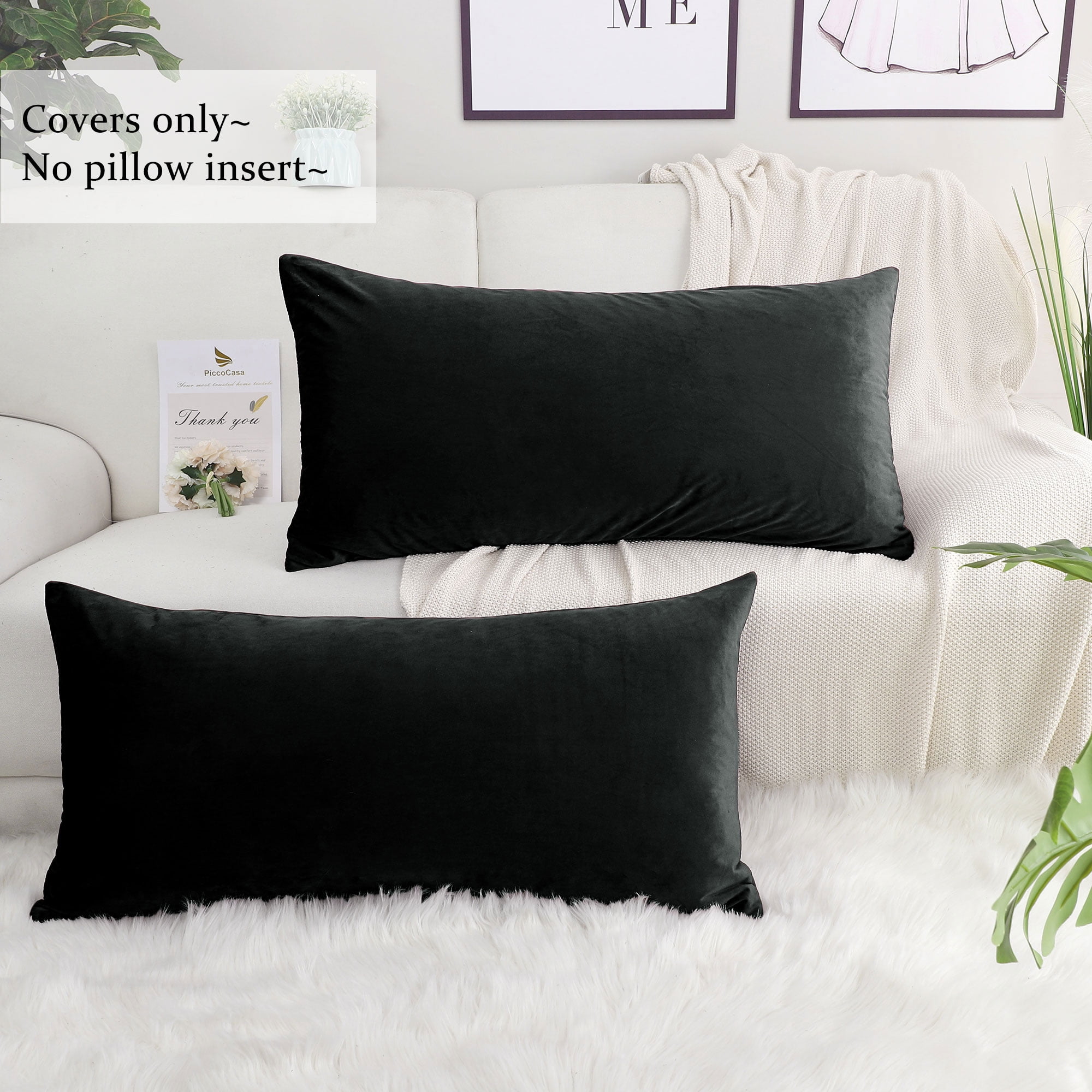 PiccoCasa Striped Decorative Throw Pillow Covers, Striped Cushion Covers, Sofa Pillow Covers Solid Velvet Black 16x31 Inch