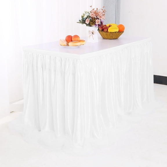 PiccoCasa Tulle Table Skirt for Rectangle Table Birthday Decoration Snow White 30"x108"