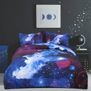 PiccoCasa Twin Size Comforter Set Galaxy Sky 3-Piece All-Season Comforter Bedding Set 3D Space Themed Dark Blue Bedroom Quilted Duvet Quilt Duvet Includes 1 Comforter, 2 Pillow Cases