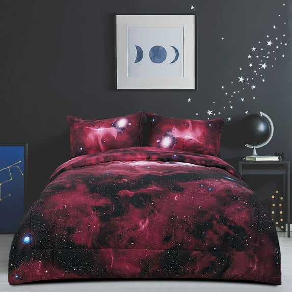PiccoCasa Twin 3 Piece Galaxy Comforter Set All-Season for Kids Bedroom, Red, Includes 1 Comforter, 2 Pillow Cases