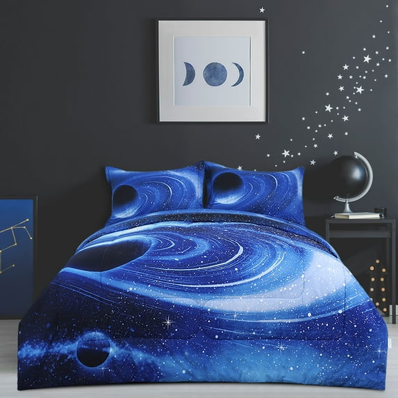 PiccoCasa Twin 3 Piece Galaxy Comforter Set All-Season for Kids Bedroom, White Blue, Includes 1 Comforter, 2 Pillow Cases