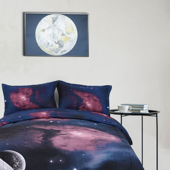 PiccoCasa Twin 3Pcs Galaxy Fuchsia All-Season Comforter Set for Kid's Bedroom