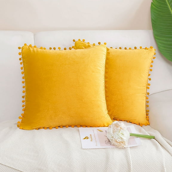 PiccoCasa Velvet Pillow Cover with Pompoms for Sofa Bed 2PCS Golden Yellow 18x18Inch