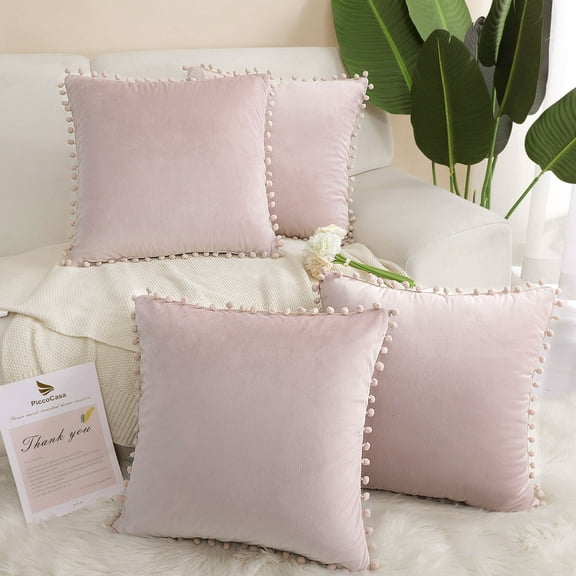 PiccoCasa Velvet Pillow Cover with Pompoms for Sofa Bed 4PCS Pale Pink 16" x 16"