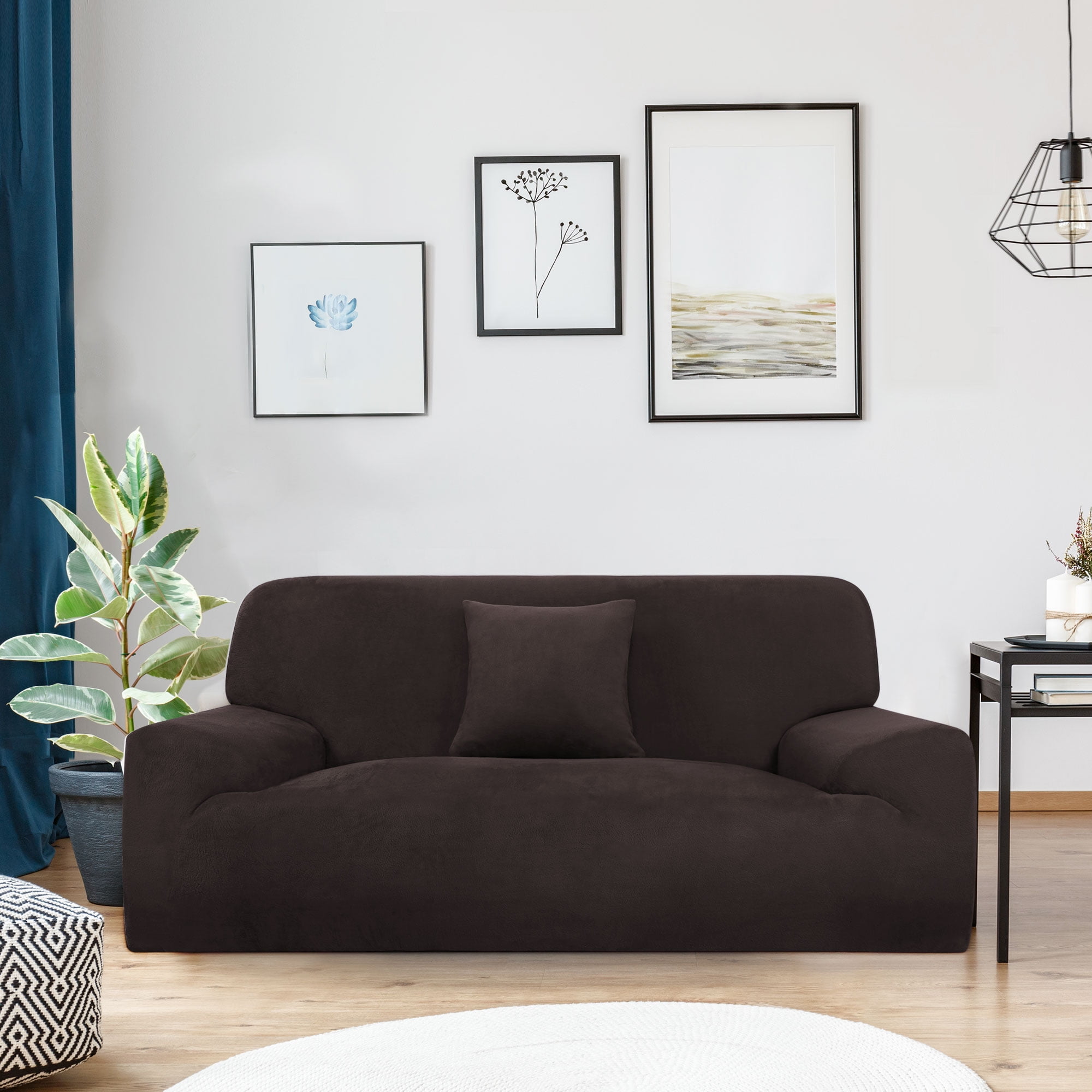 PiccoCasa Velvet Plush Stretch Sofa Slipcover with Cushion Cover, Coffee Color Medium