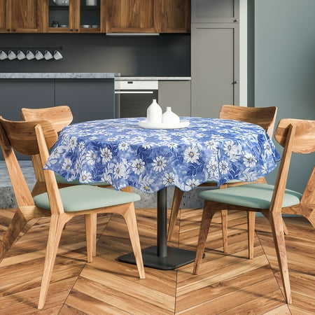 PiccoCasa Vinyl House Tablecloth Round 60" Dia Blue Flower Pattern Waterproof for Wedding Party Decoration