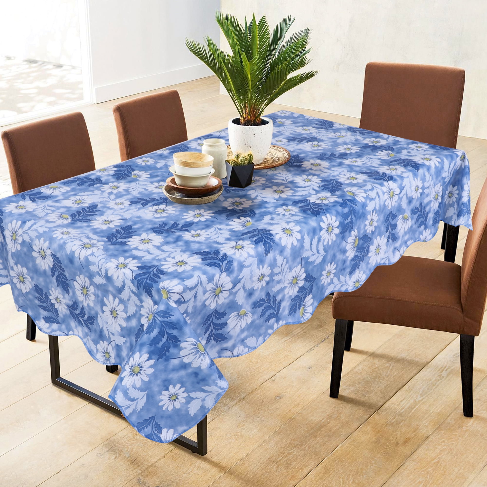 PiccoCasa Vinyl Tablecloth Rectangle 54 x 71 Blue Daisy Pattern  Waterproof 