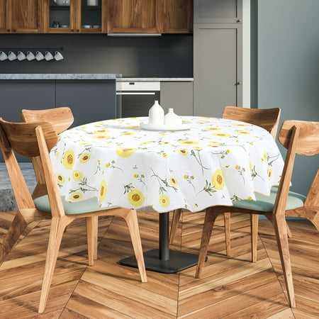 PiccoCasa Vinyl Tablecloth Round 60" Dia Yellow Flower Pattern Waterproof