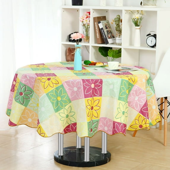 PiccoCasa Vinyl Tablecloth Round 71" Dia Colorful Square Flower Waterproof