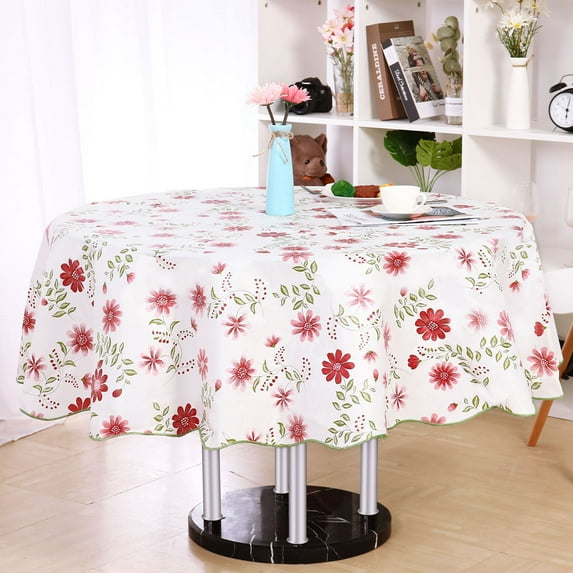 PiccoCasa Vinyl Tablecloth Round 71" Dia Red Flower Pattern Floral Printed