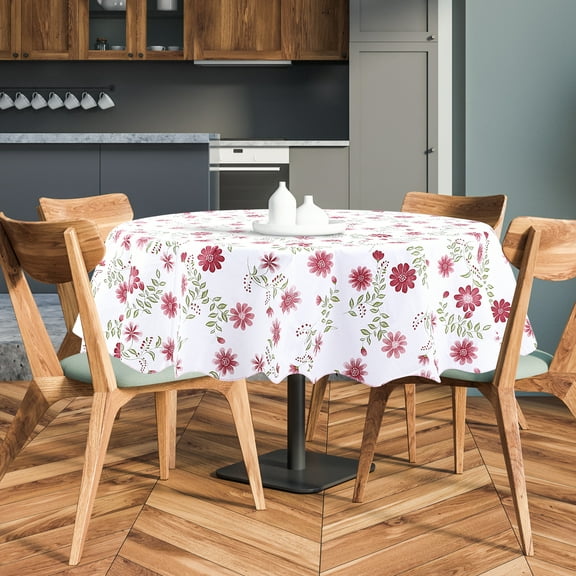 PiccoCasa Vinyl Tablecloth Round 71" Dia Red Flower Pattern Floral Printed