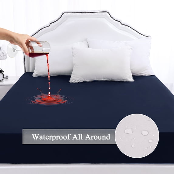 PiccoCasa Waterproof All Around Mattress Protector Brushed Microfiber Bed Cover Pad Navy Blue Full