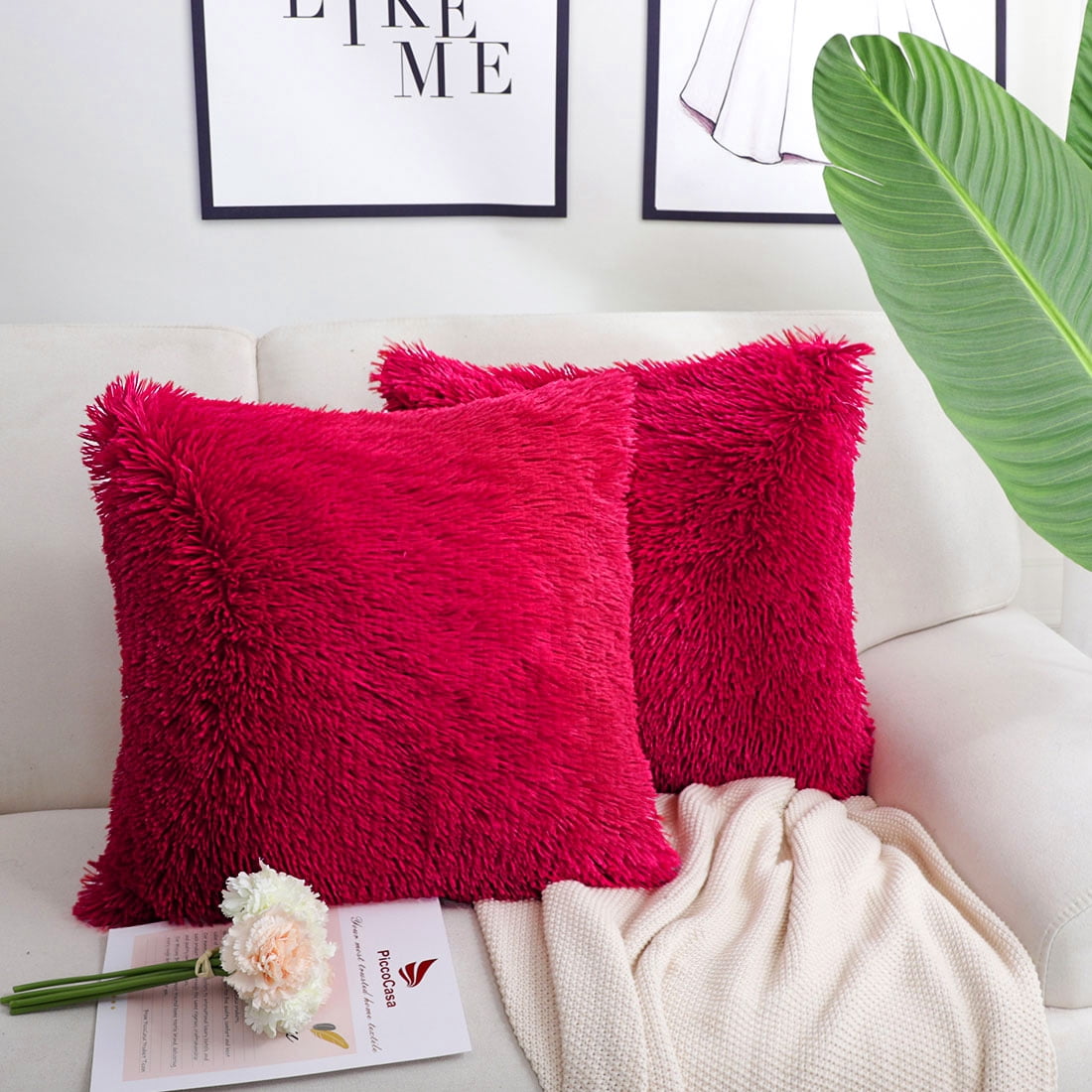 Piccocasa 2 Pack Soft Fuzzy Faux Fur Throw Pillow Covers Long Shaggy