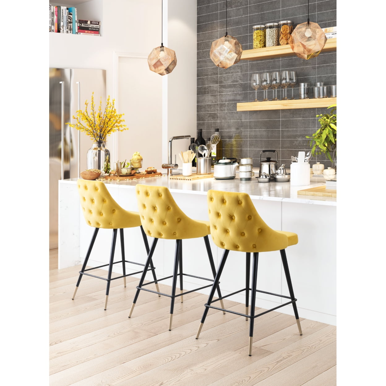 Yellow Velvet and Metal Counter Stool with Tapered Back