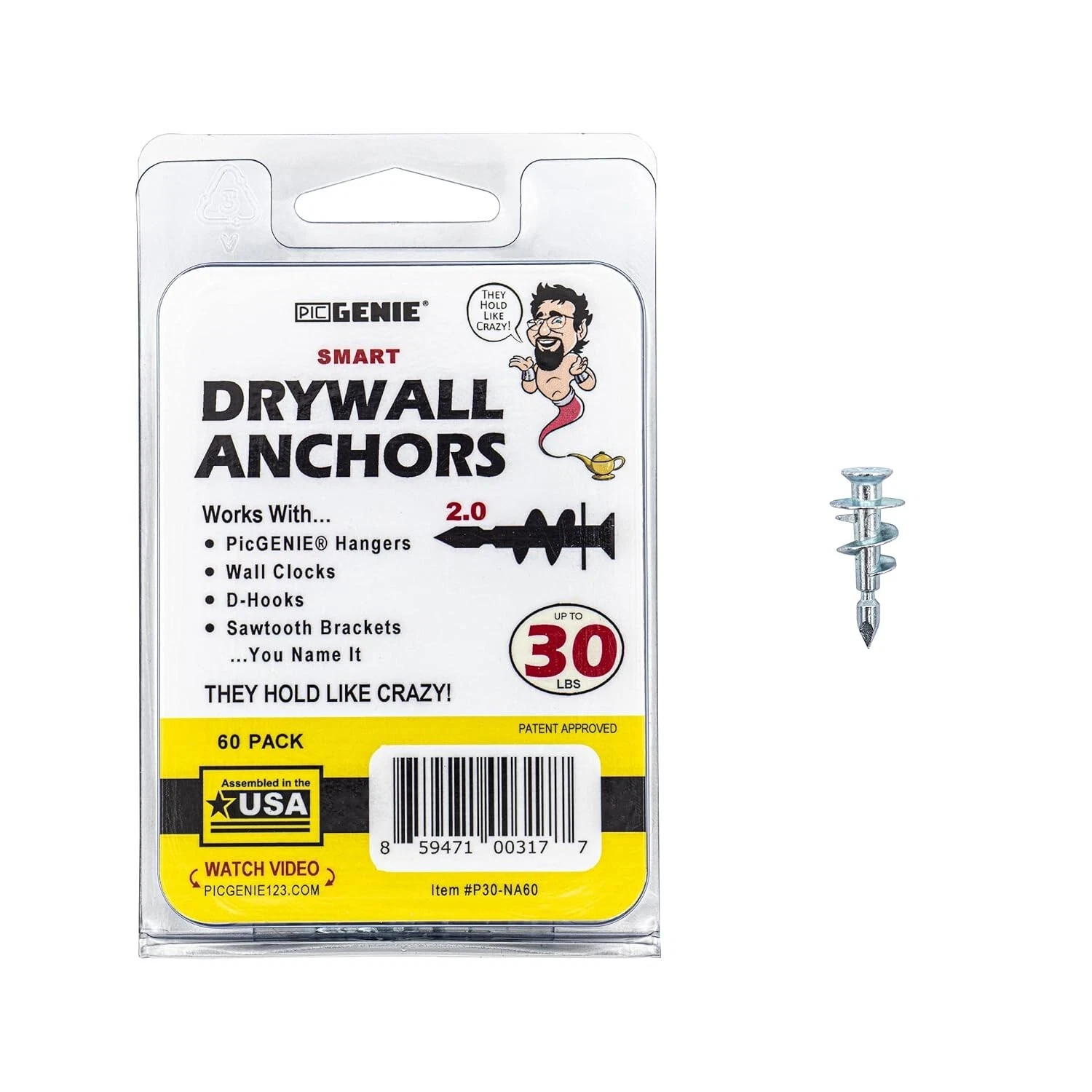 Picgenie 60-Pack Drywall Anchors 30Lbs Picture Hangers For Drywall