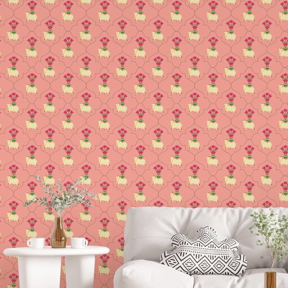 Pichwai Cow & Lotus Pot | Self Adhesive Wallpaper Peel & Stick, Waterproof, Stain-Proof & Easy to Clean | 16 in X 90 in, Spiritual Decor for Pooja Room, Hallway (E)