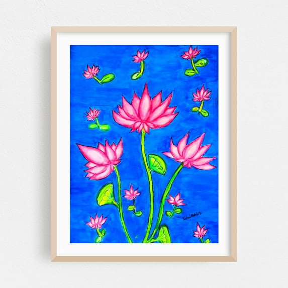 Pichwai Lotus Pond 1 - Painting Floral Flowers Botanical Modern Art Nature Illustration Oak Framed Wall Art Print 16 x 20 inches